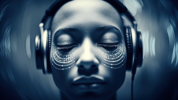 Photo a woman with headphones on her face ai