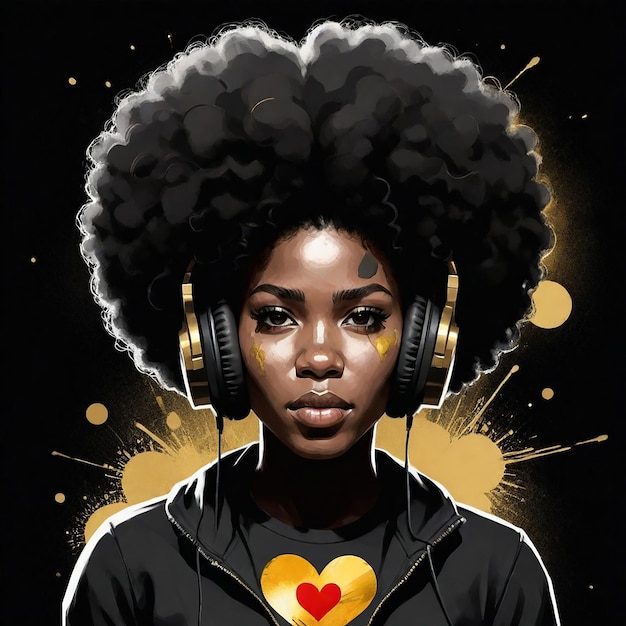 a woman with headphones on her head and a heart on her shirt