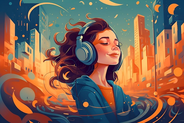 A woman with headphones on her head is listening to music.