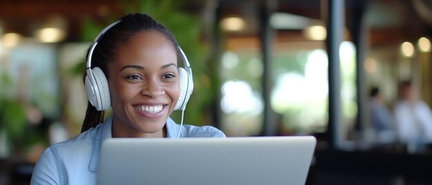 Photo a woman with headphones on her head is smiling and smiling