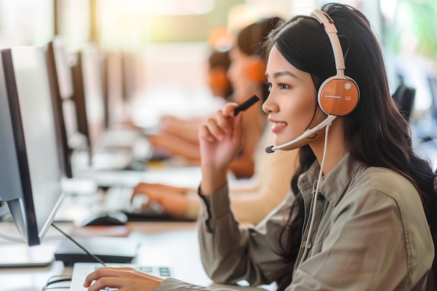 コンピューターを使用しているヘッドホンを頭に着けた女性