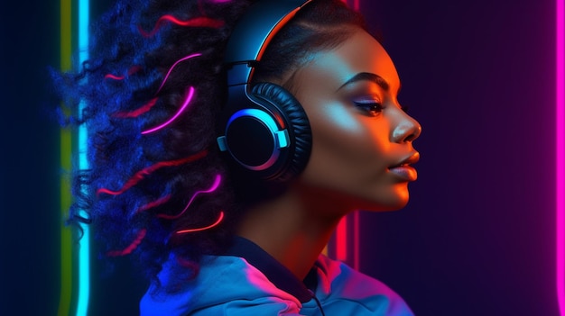 A woman with headphones on her head