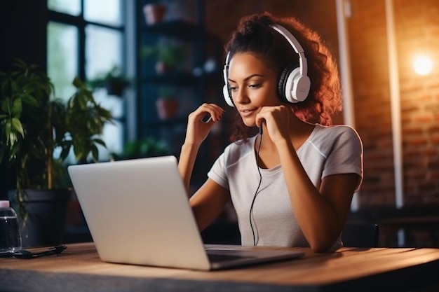 a woman with headphones is sitting at a table with a laptop and a laptop