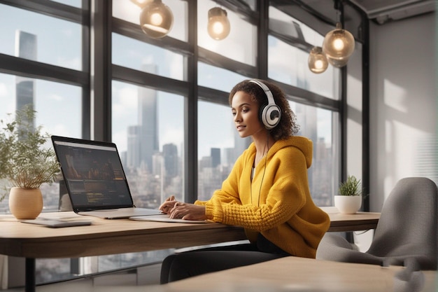 woman with headphones and laptop sitting at a desk.