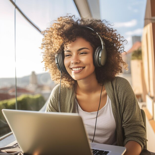 a woman with headphones and a laptop with a smile on her face