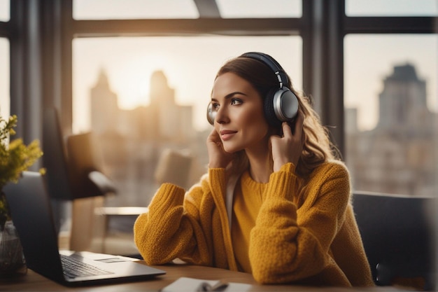 a woman with headphones listen to music in front of a window.