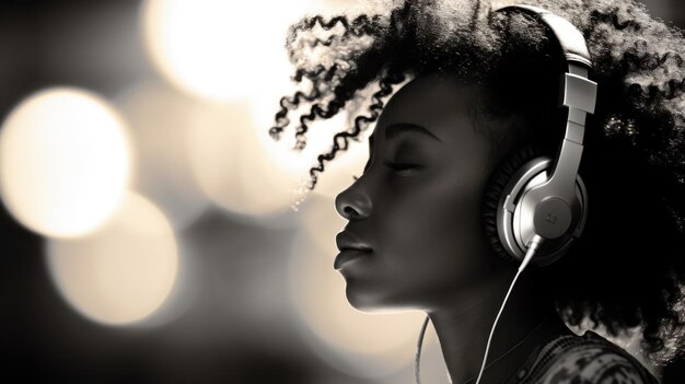 A woman with headphones listening to music ai