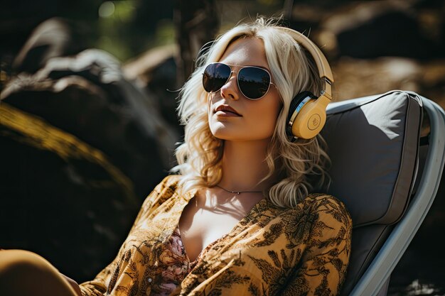 Photo woman with headphones listening to music inhaling fresh air and resting on a seat on the beach in