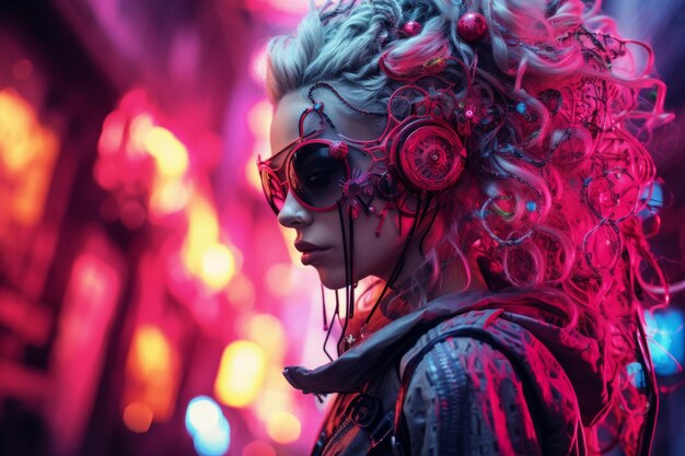 A woman with headphones and neon lights in her hair
