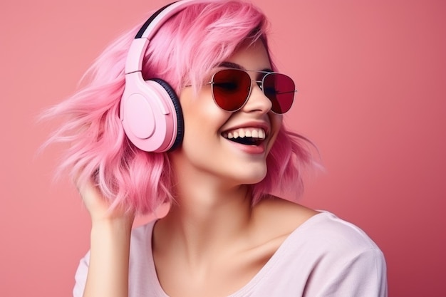 Woman with headphones on pink background