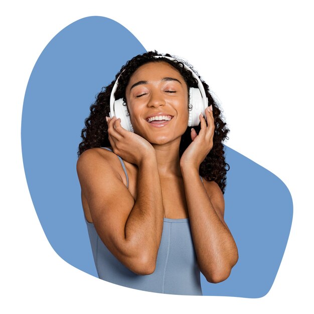 woman with headphones png blue badge sticker transparent background