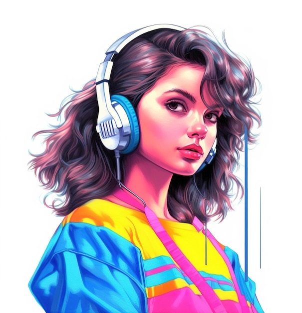 A woman with headphones on and a shirt with white background