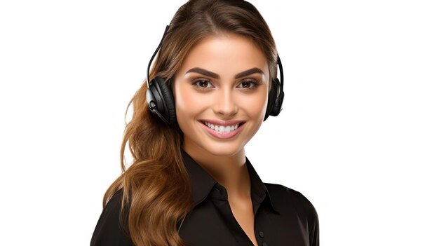 a woman with headphones on and a smile