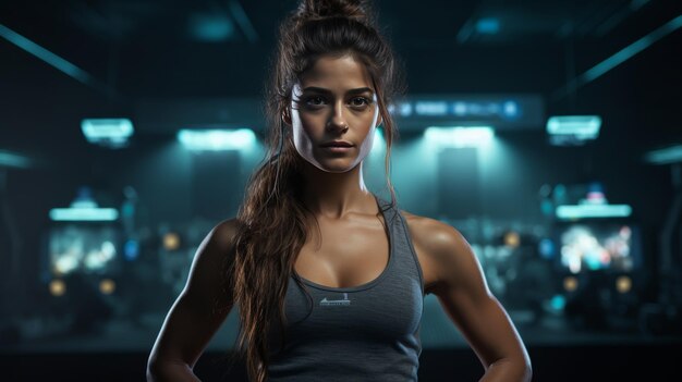 Woman With Headphones Standing in a Dark Room