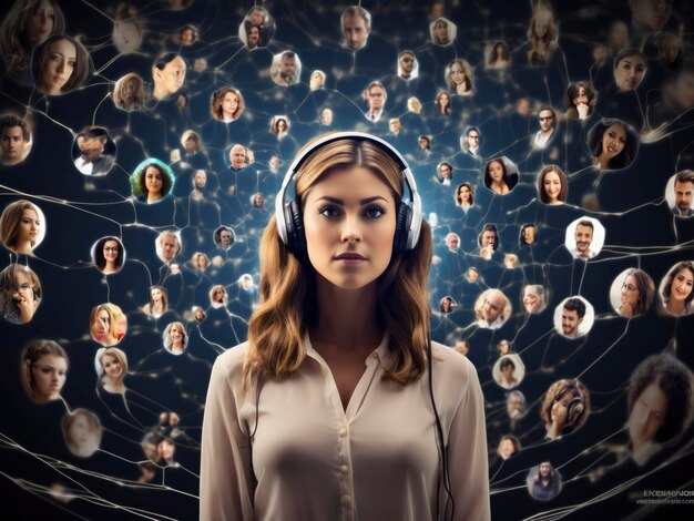 a woman with headphones standing in front of a network of people