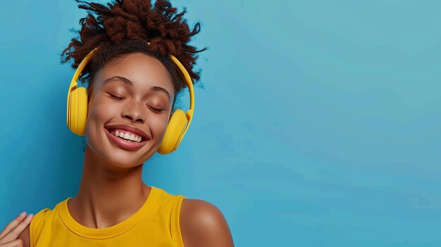 a woman with headphones that says quot shes wearing yellow headphones quot