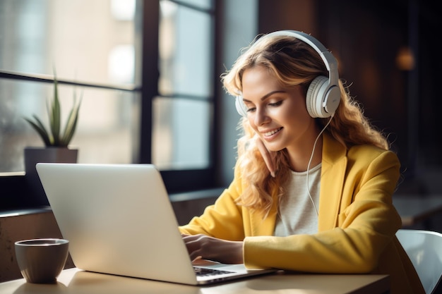 a woman with headphones using her laptop