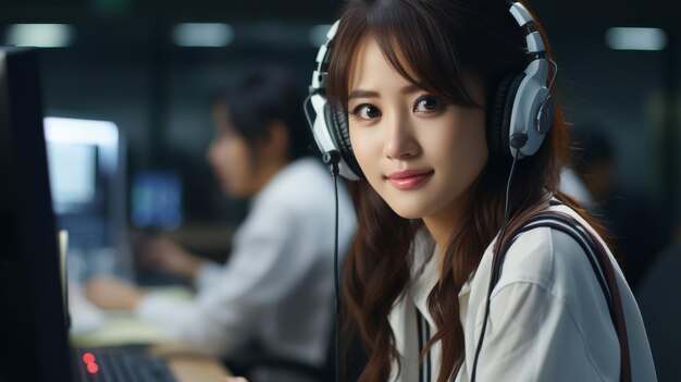 Woman With Headphones Working at Computer Desk