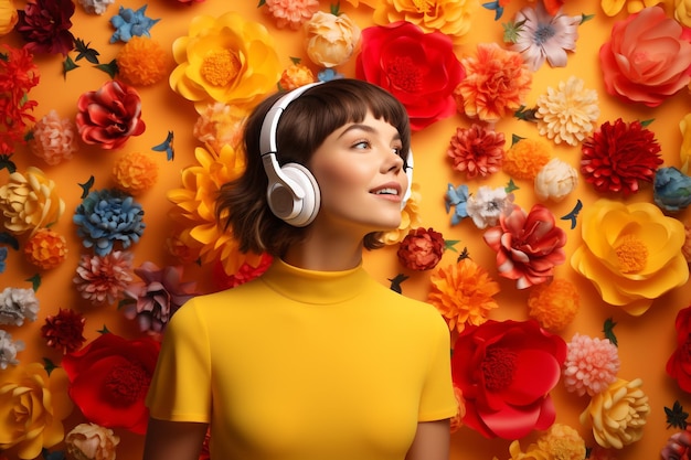 Photo a woman with headphones on and a yellow background with 3d colorful flowers premium ai image