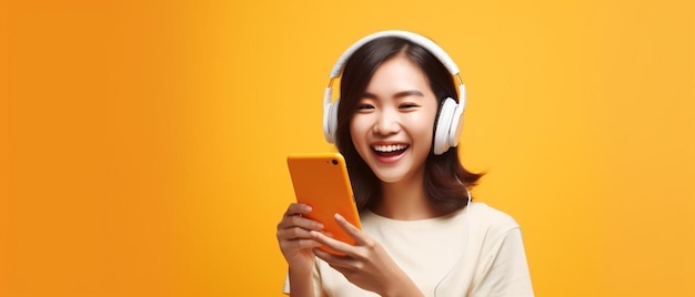 Photo a woman with headphones on and a yellow background