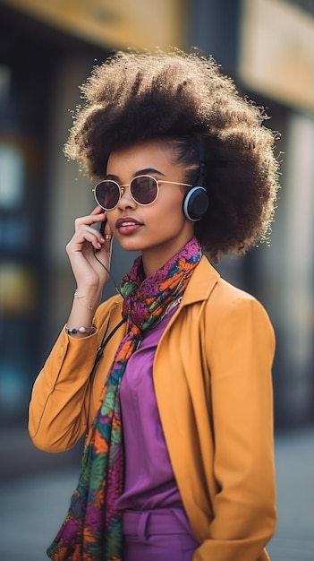 A woman with a headphones on and a yellow jacket.