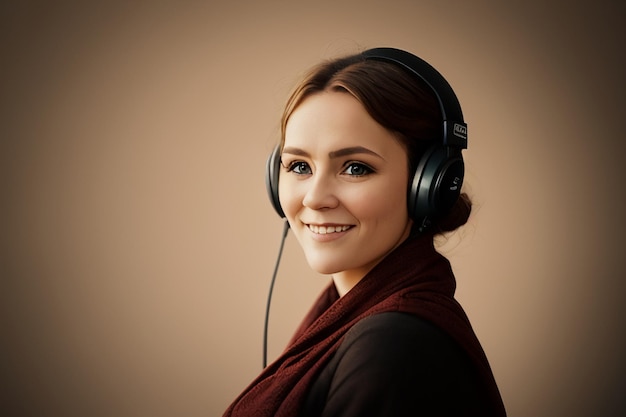 A woman with a headset on and a brown background