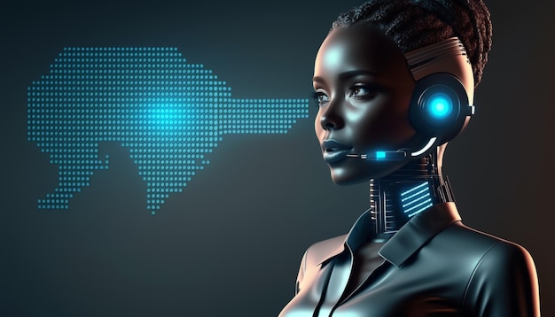 A woman with a headset and a headset with the word robot on it