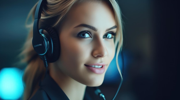 A woman with a headset on and a headset on.