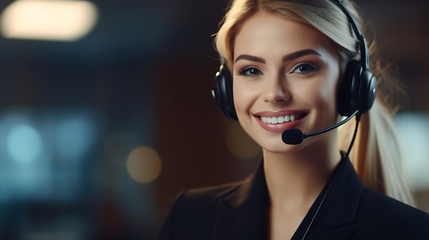 a woman with a headset is talking on a microphone.