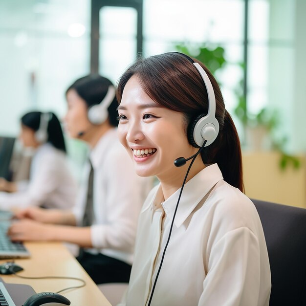 Photo a woman with a headset that says quot the name of the company quot