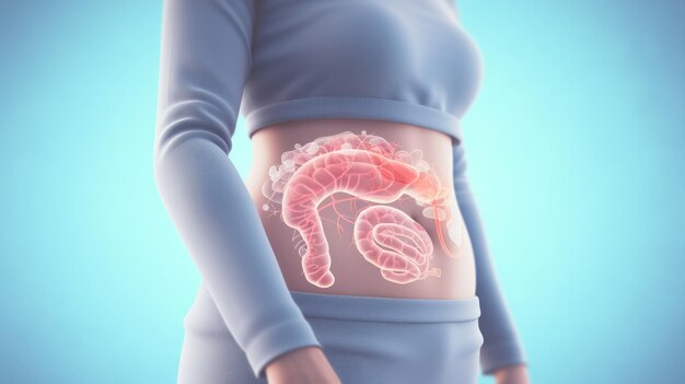 Woman with a healthy digestive system on a light blue background closeup