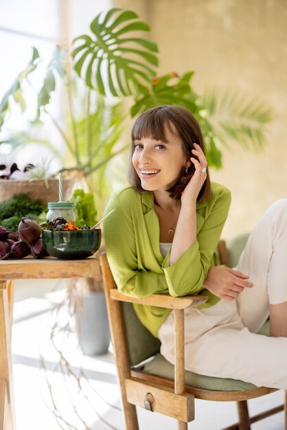 Photo woman with healthy food indoors