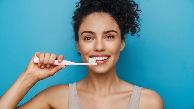 Woman with healthy white teeth holds a toothbrush and smiles oral hygiene concept