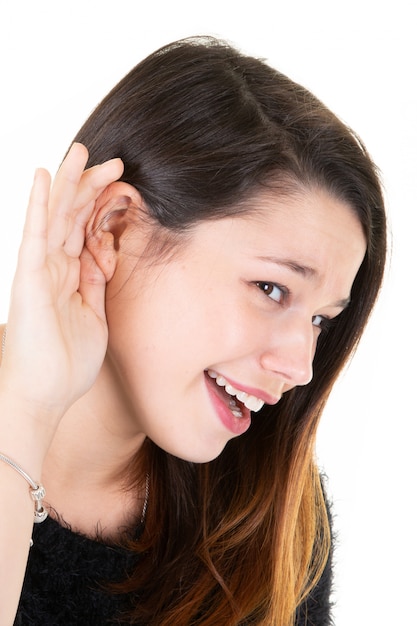 Woman with hearing loss hard of hearing in white 