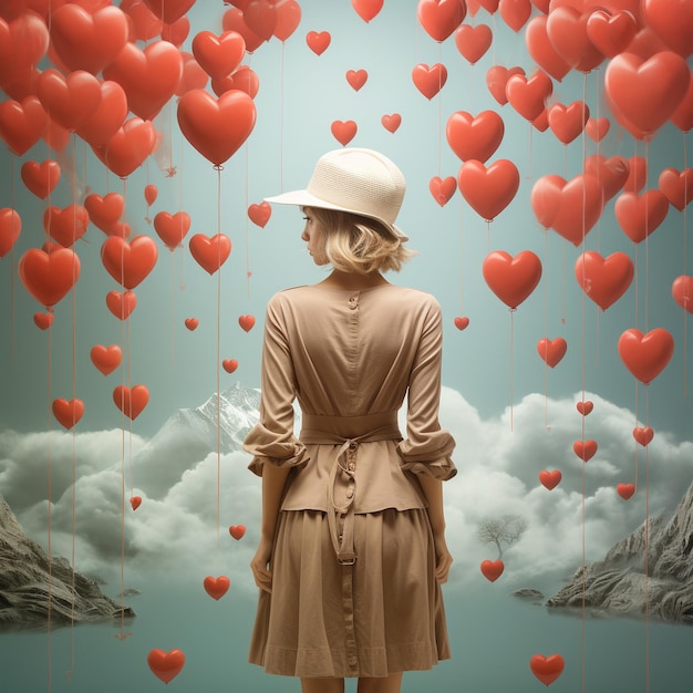 Woman with heart shaped balloons flying to the sky love emotion valentines day good hearted person