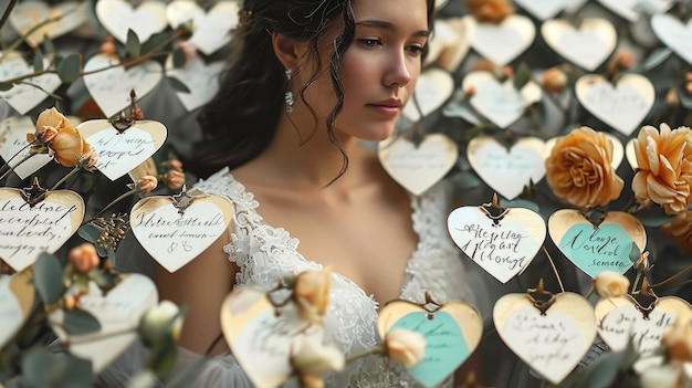 Foto una donna con un tag a forma di cuore che dice buon compleanno