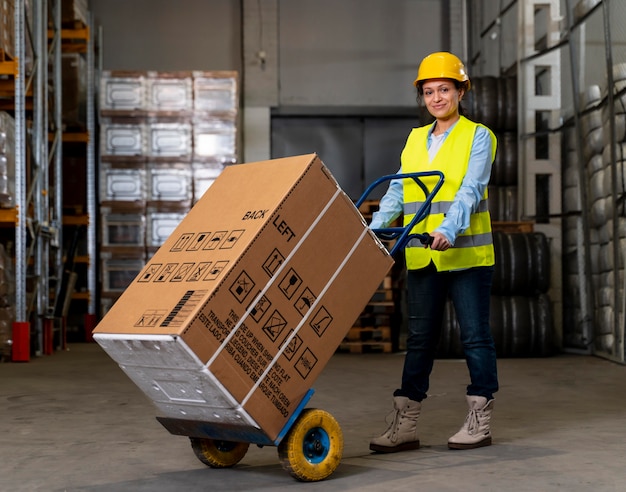 Woman with helmet carrying boxes