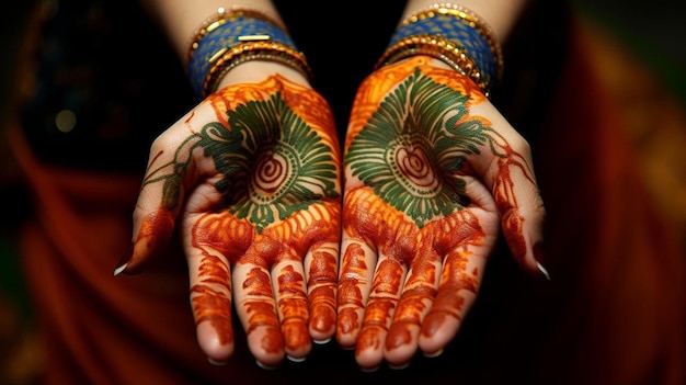 A woman with henna painted on her hands.