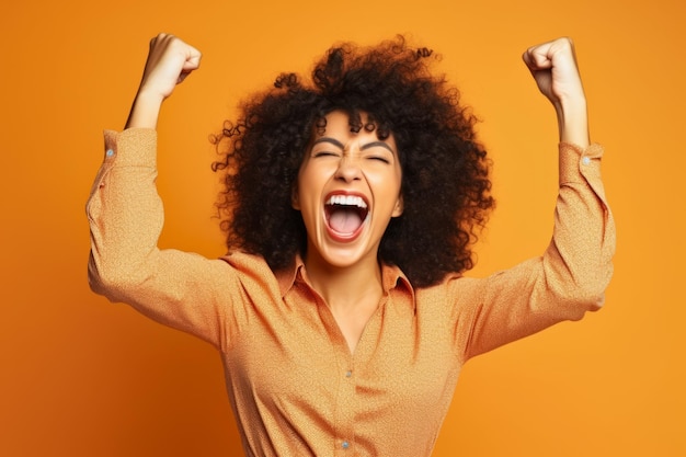 Woman with her arms in the air with her mouth open and her hands in the air Generative AI