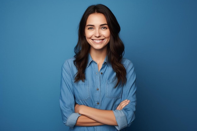 Photo a woman with her arms crossed and a blue background