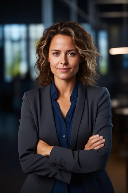 Photo woman with her arms crossed posing for picture in suit generative ai