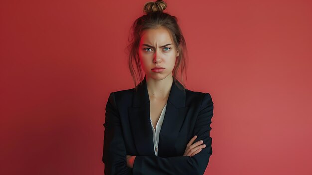 Photo a woman with her arms crossed and a red background