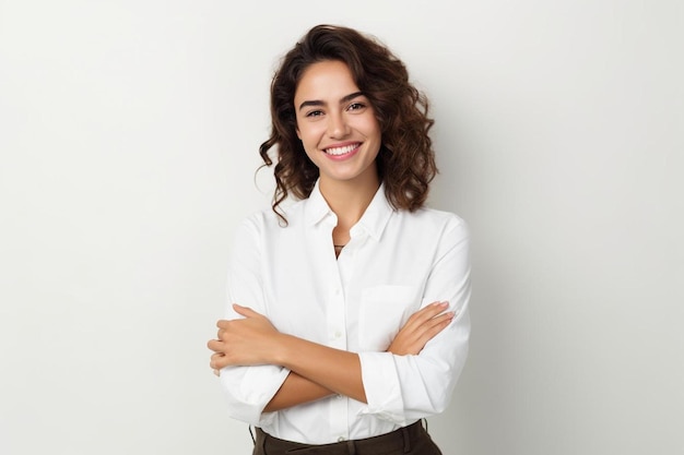 Photo a woman with her arms crossed and smiling