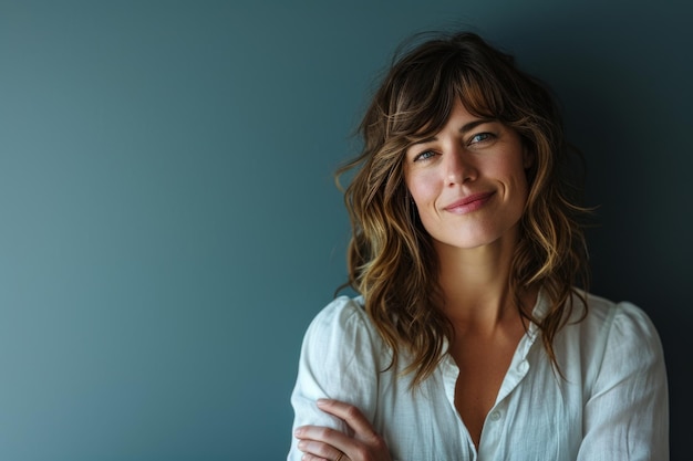 A woman with her arms crossed standing in front of a blue wall