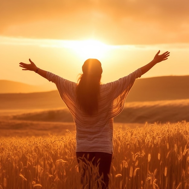 A woman with her arms outstretched in a field of wheat.