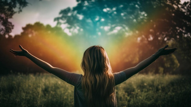 A woman with her arms outstretched in front of a field of trees and the sun is shining.