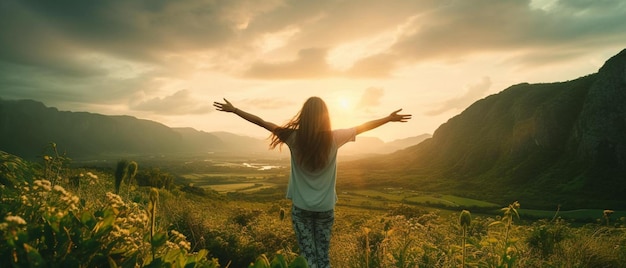 a woman with her arms outstretched in front of a sunset