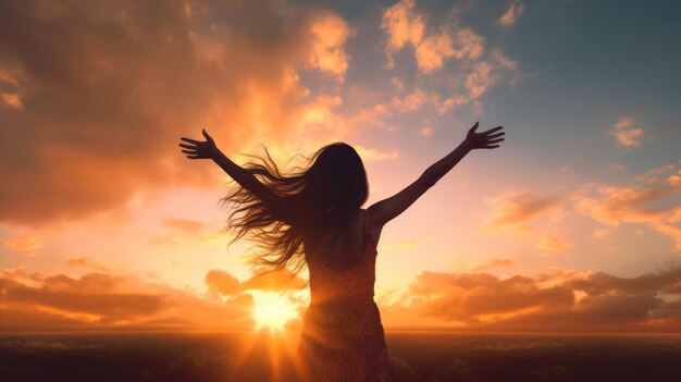 A woman with her arms outstretched in front of a sunset