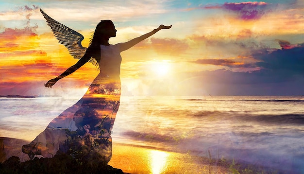 Photo a woman with her arms outstretched in front of a sunset