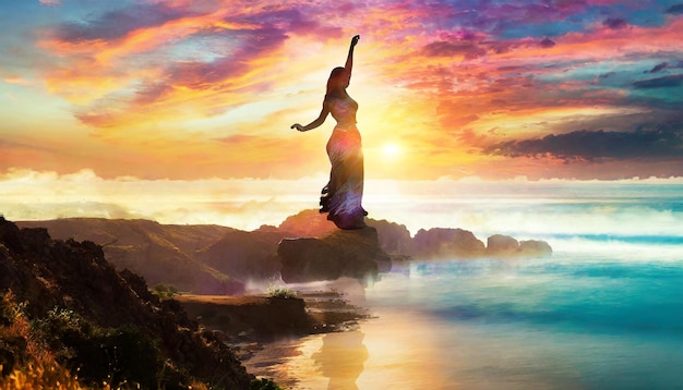 Photo a woman with her arms outstretched in front of a sunset